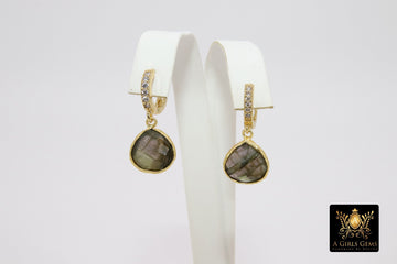 Huggie Hoop Earrings, Labradorite and Gold Hoops, CZ Latch back Gemstone Earring - A Girls Gems